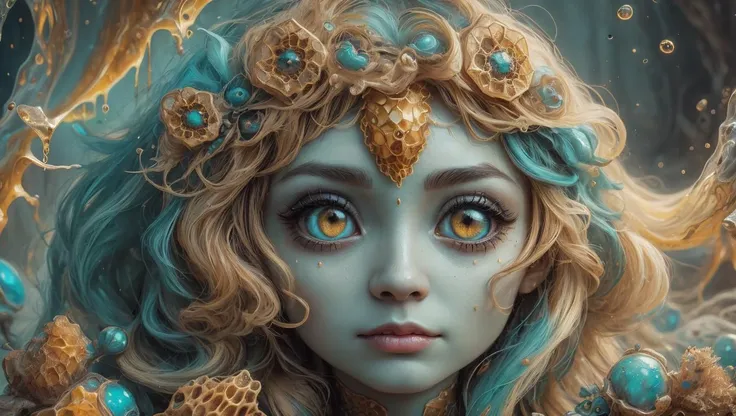 <lora:PsychedelicFluids:0.4> psychedelicfluids, hundreds of creepy doll faces, turquoise, gold, eyes, 
<lora:honey-bee-style-darquelilly-v1:0.6> [honeycomb], honey, pollen,