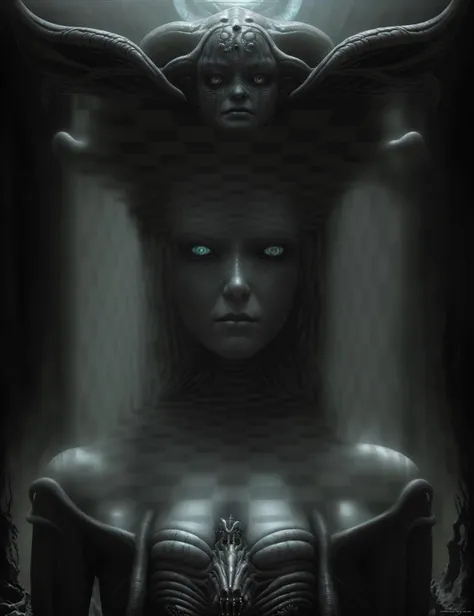 professional 3d model <lora:dare_dusk:1>a woman with horns and horns on her head, biologic hr giger style, stunning 3d render of a fairy, alien queen, by ESAO, female cyborg in data center, black glossy xenomorph, symmetrical!! sci-fi, neal asher sci - fi, science fiction magazine Description:
In the haunting corridors of Giger's Infinite Gallery, a solitary figure stands as the central focus. An art enthusiast, enveloped by the nightmarish and biomechanical wonders, gazes into the never-ending expanse of macabre masterpieces that seem to stretch into eternity. The surroundings are alive with framed pieces seamlessly blending into the walls, creating a living gallery of surreal horrors. The dramatic gallery lighting casts unsettling shadows, enhancing the eerie ambiance. The infinite perspective draws the viewer deeper into the twisted world of Giger's imagination. Captured in a photorealistic fine art portrait style, the full-body shot showcases the subject in digital fashion photography. The Gigeresque theme permeates every detail, from the symmetrical composition to the intricate arts and crafts that adorn the scene. The subject's face, marked by subtle facial blemishes, adds an element of humanity amidst the otherworldly surroundings. Giger's Infinite Gallery is a visual journey through the surreal, where reality and nightmare coalesce in a symphony of darkness and artistry. . octane render, highly detailed, volumetric, dramatic lighting