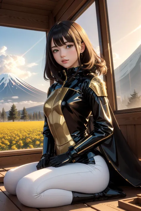 1girl, (luminism art designed by Michael Sweerts:0.8) and (Jacek Szynkarczuk:1.2) , baroque art, masterwork, Techwear, elegant, Superflat Small Gold ([Laos:Mount Fuji:1]:1.3) from inside of a Vancouver, lush field and blossoms, Foggy conditions, Anime screencap, Cosy, Sun Rays, F/14, CMYK Colors, otherworldly, Diorama, Best quality, UHD, studio anime, monochromatic