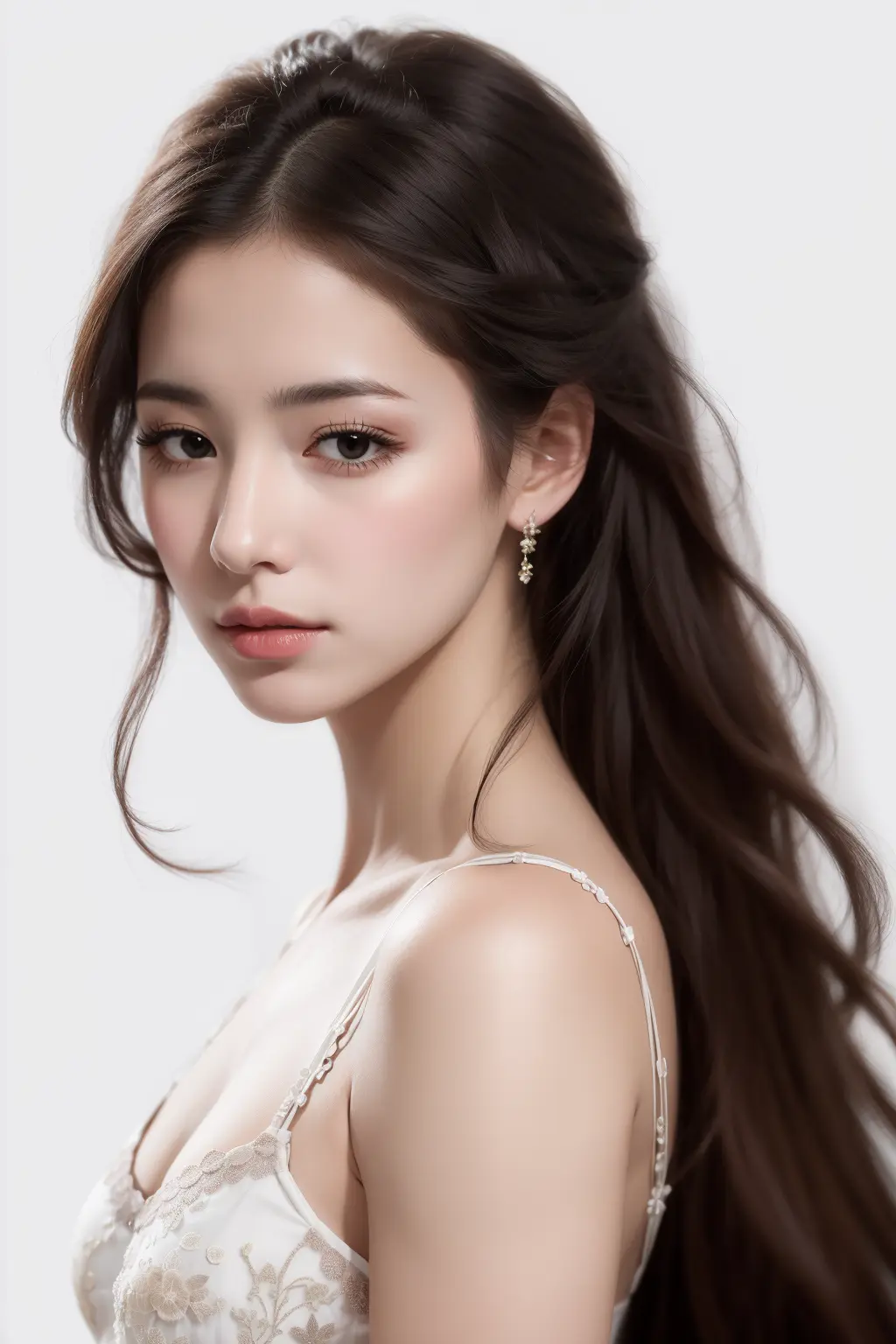 masterpiece, best quality, realistic, 1woman, long hair, broad shoulders, small head, portrait, (white background:1.3), closed mouth