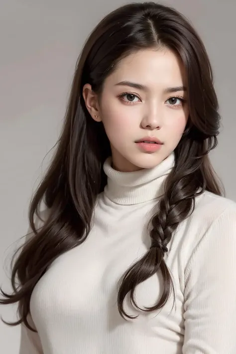 masterpiece, best quality, realistic, 1woman, curly hair, long hair, light brown hair, broad shoulders, small head, portrait, closed mouth, winter, parted bangs, turtleneck sweater