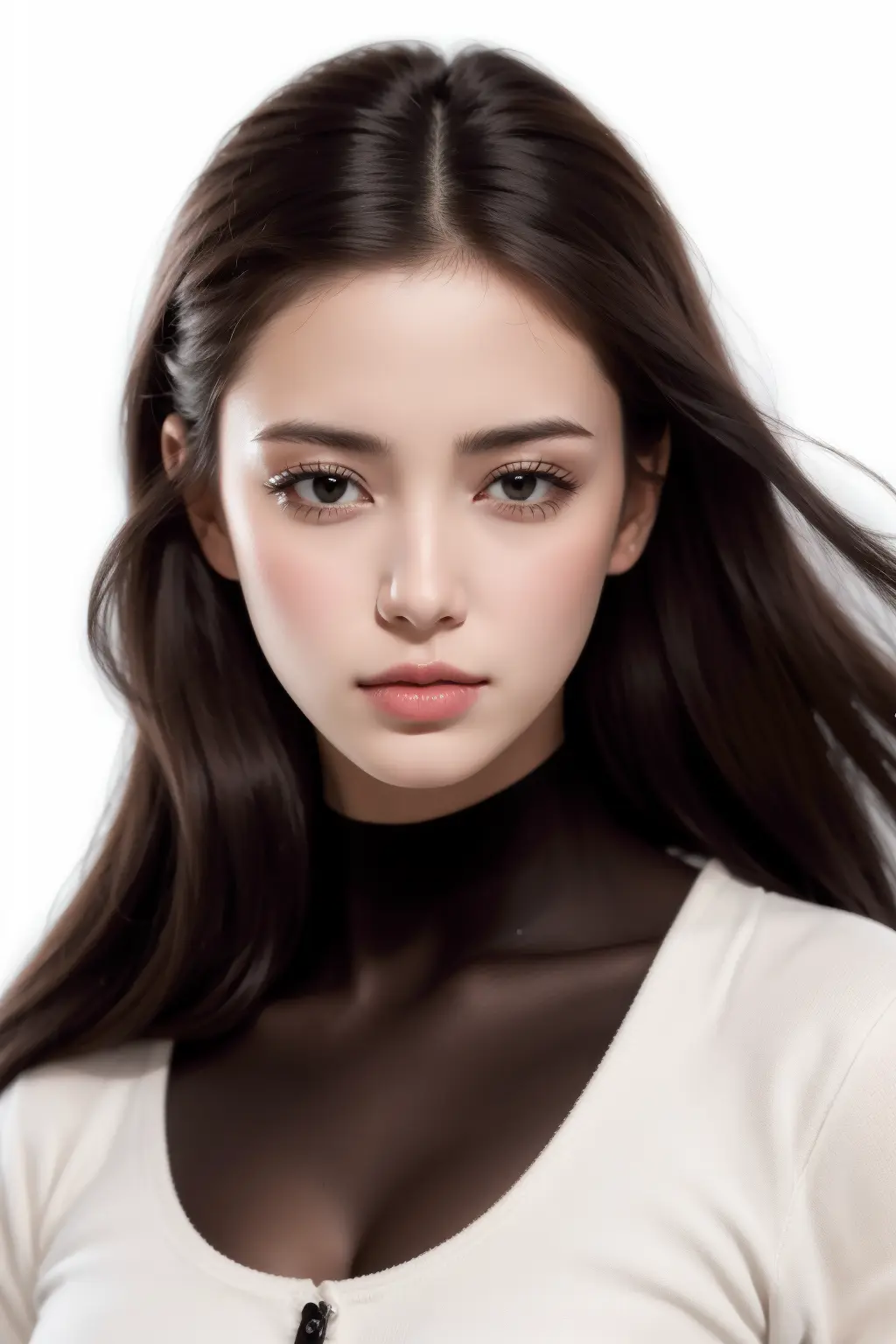 masterpiece, best quality, realistic, 1woman, long hair, broad shoulders, small head, portrait, (white background:1.3), closed mouth