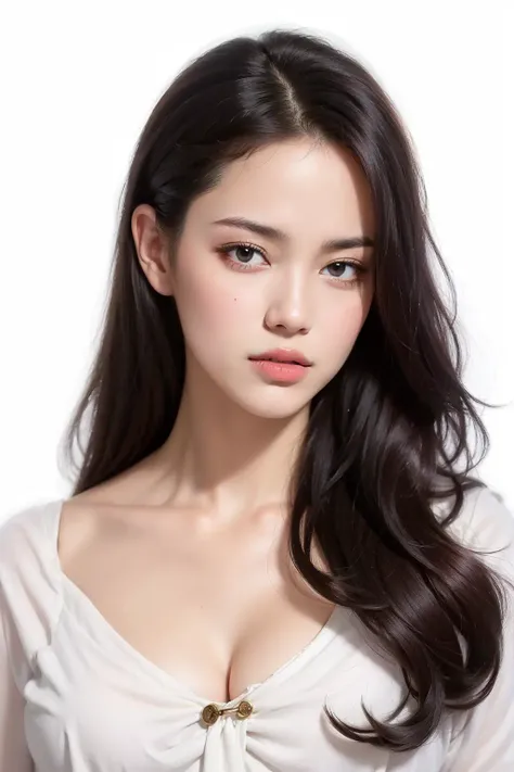masterpiece, best quality, realistic, 1woman, wavy long hair, broad shoulders, small head, portrait, (white background:1.3), closed mouth, blue shirt