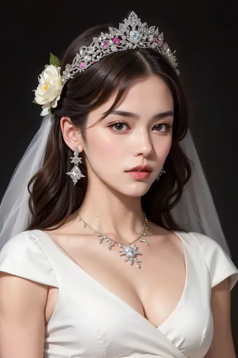masterpiece, best quality, realistic, 1woman, mature, aged up, long brown hair, broad shoulders, small head, portrait, closed mouth, night, dark thema, the best light and shadow, wedding dress, Bouquet, Tiara, diamond necklace and earrings, flowers, black background