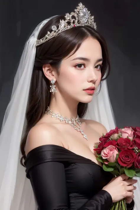 masterpiece, best quality, realistic, 1woman, mature, aged up, long brown hair, broad shoulders, small head, portrait, closed mouth, night, dark thema, the best light and shadow, wedding dress, Bouquet, Tiara, diamond necklace and earrings, flowers, black background