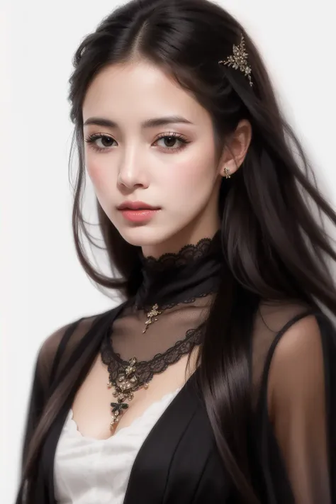 masterpiece, best quality, realistic, 1woman, long hair, broad shoulders, small head, portrait, (white background:1.3), closed mouth