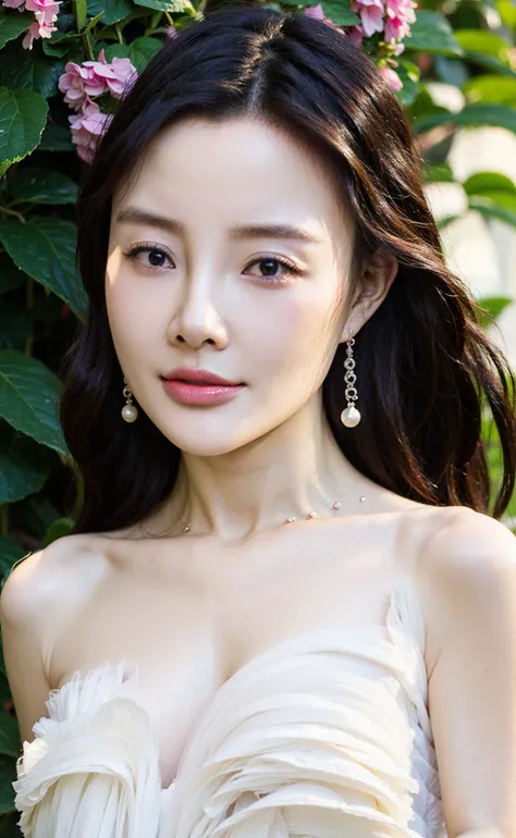 photo of Li xiaolu,(masterpiece:1.2),beautiful woman,best quality,aqua eyes,black hair,hoop earrings,sexy white dress,G-cup breasts,(outdoors:1.1),(full body:1.2), fair skin,alluring,beautiful face,little smile,natural light,solo,(Realistic photos:1.2),