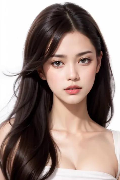 masterpiece, best quality, realistic, 1woman, long hair, broad shoulders, small head, portrait, (white background:1.3), closed mouth