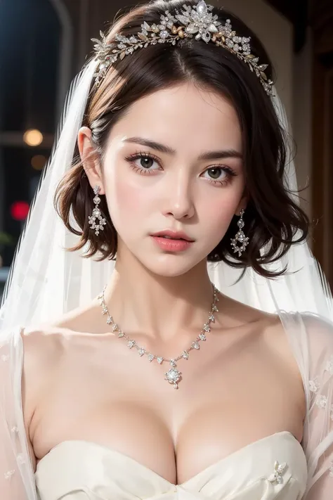 masterpiece, best quality, realistic, 1woman, mature, aged up, short hair, brown hair, broad shoulders, small head, portrait, closed mouth, night, dark thema, the best light and shadow, wedding dress, Bouquet, Tiara, diamond necklace and earrings