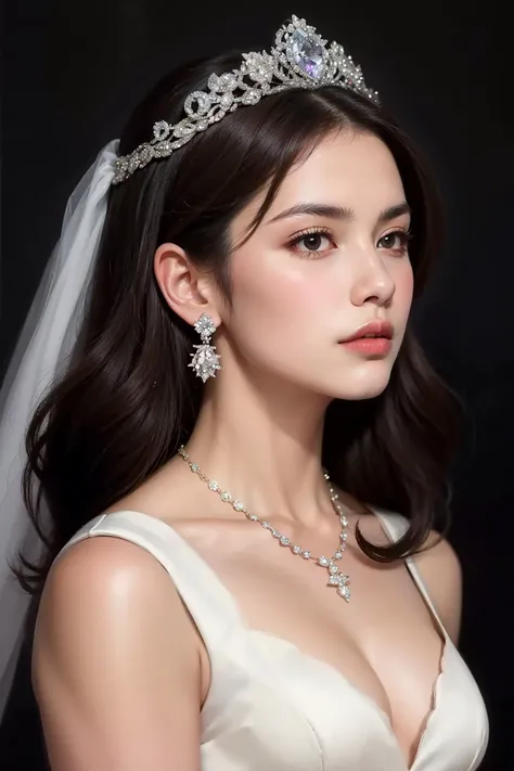 masterpiece, best quality, realistic, 1woman, mature, aged up, long brown hair, broad shoulders, small head, portrait, closed mouth, night, dark thema, the best light and shadow, wedding dress, Bouquet, Tiara, diamond necklace and earrings, flowers, black background