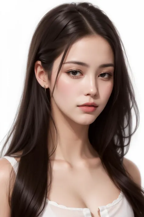 masterpiece, best quality, realistic, 1woman, medium long hair, broad shoulders, small head, portrait, (white background:1.3), closed mouth