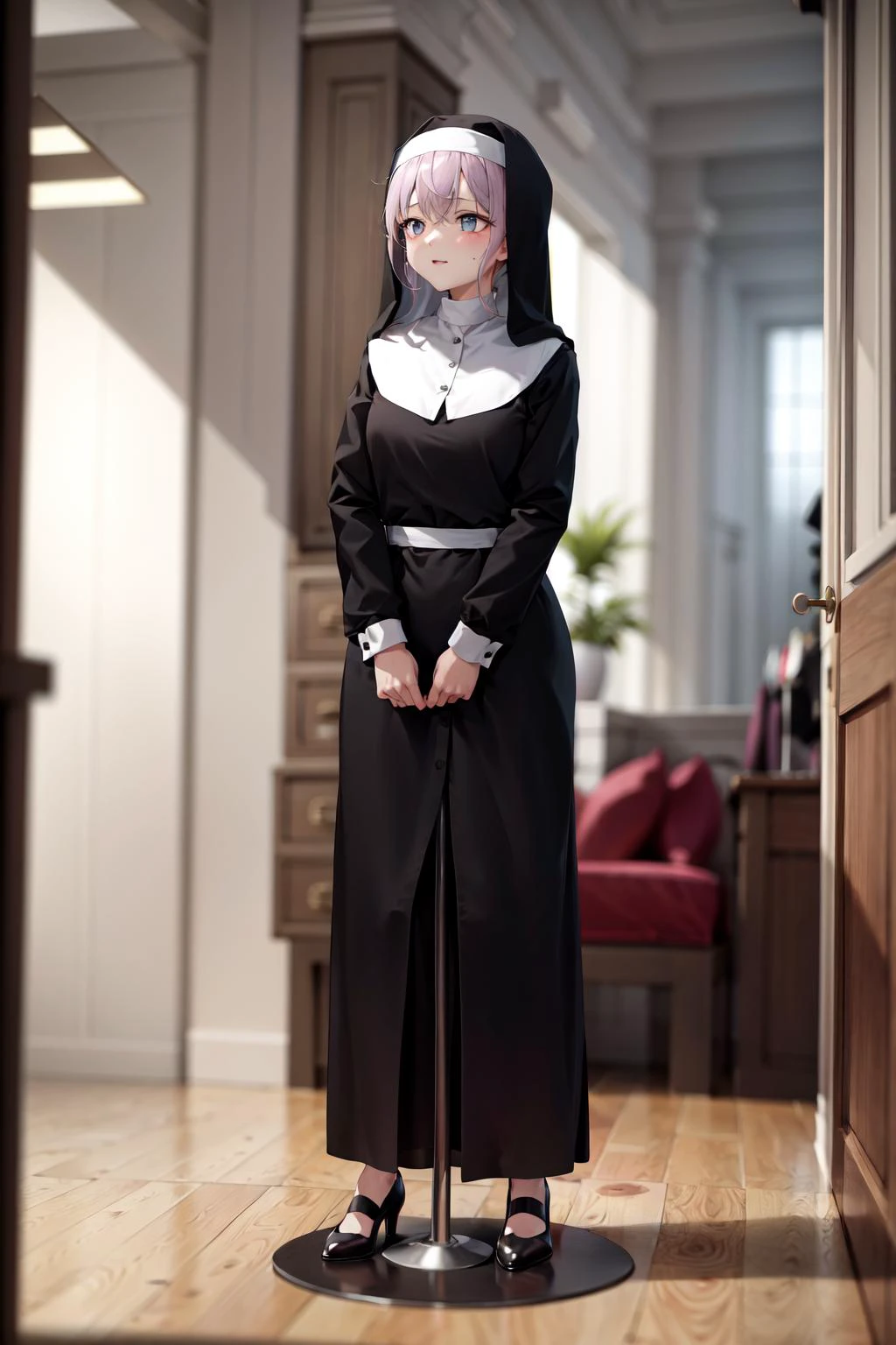 absurdres, best quality, 1girl, one-bar prison, <lora:obp-000050:1>, nun, habit, standing, indoors,
