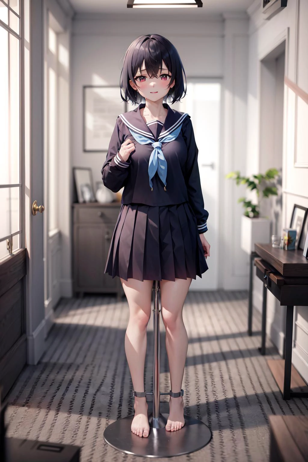 absurdres, best quality, 1girl, one-bar prison, <lora:obp-000050:1>, serafuku, standing, indoors,