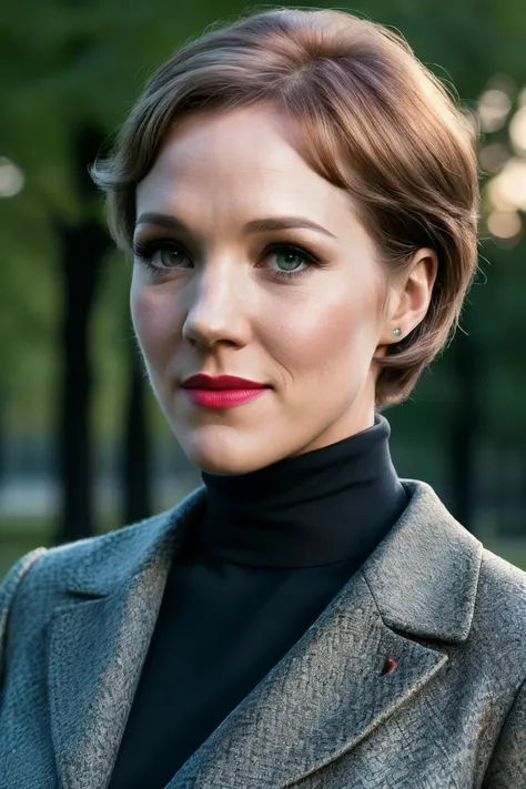beautiful woman (julandrews:1.1), perfect waist, closeup portrait, realistic, (detailed:1.15),(film grain, skin details, 4k:1), shy, Dappled Light, analog style (look at the viewer), (skin texture), (film grain), (hyper-realistic texture skin:1.3), cinematic light, sidelighting, ultra high res, best shadow, RAW, beautiful hair, designer jacket, fashionable skirt, turtleneck shirt, winter city park, professional model photoshoot, hdr, sunset, (red lips)