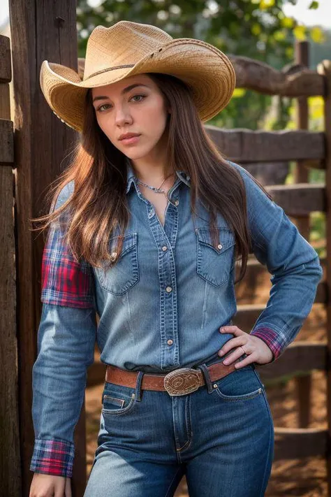 DEN_lenore_steamgirl,
(country beauty posing against a wooden fence with a plaid shirt and jeans and a cowboy hat, cow girl, country girl, cow girl:1.2),
bokeh, f1.4, 40mm, photorealistic, raw, 8k, textured skin, skin pores, intricate details <lora:epi_noiseoffset2:1>, epiCRealism <lora:ClothingAdjuster3:-1>