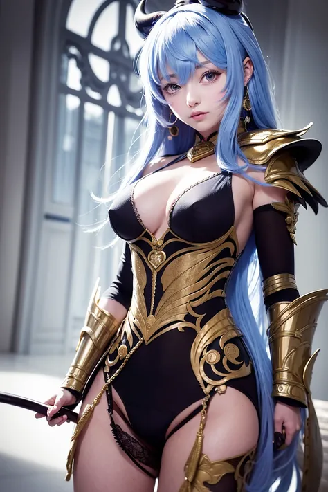 best quality ,masterpiece, illustration, an extremely delicate and beautiful, extremely detailed ,CG ,unity ,8k wallpaper, Amazing, finely detail, masterpiece,best quality,official art,extremely detailed CG unity 8k wallpaper,absurdres, incredibly absurdres, ultra-detailed, highres, extremely detailed,beautiful detailed girl, extremely detailed eyes and face, beautiful detailed eyes,light on face, GANYU, 1girl, suit, horn, (outdoor:1.1), (armor:1.5), earrings, hairclip ,garters, collarbone, sweat, full body, city, outdoor, (battlefield), <lora:ganyuGenshinImpact_ganyuV01:1>