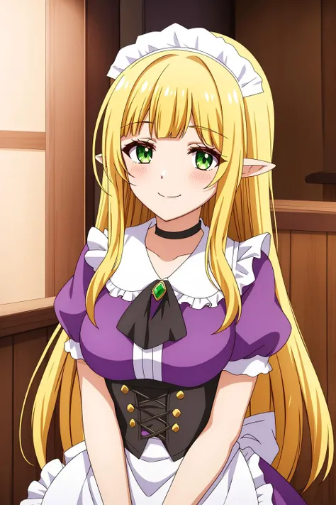 efil, 1girl, solo, long_hair, breasts, looking_at_viewer, blush, smile, bangs, blonde_hair, hair_ornament, dress, jewelry, medium_breasts, very_long_hair, closed_mouth, green_eyes, collarbone, upper_body, short_sleeves, sidelocks, frills, alternate_costume, choker, pointy_ears, puffy_sleeves, indoors, blunt_bangs, puffy_short_sleeves, maid, maid_headdress, ascot, black_choker, brooch, elf, corset, purple_dress, enmaided, purple_shirt, underbust
