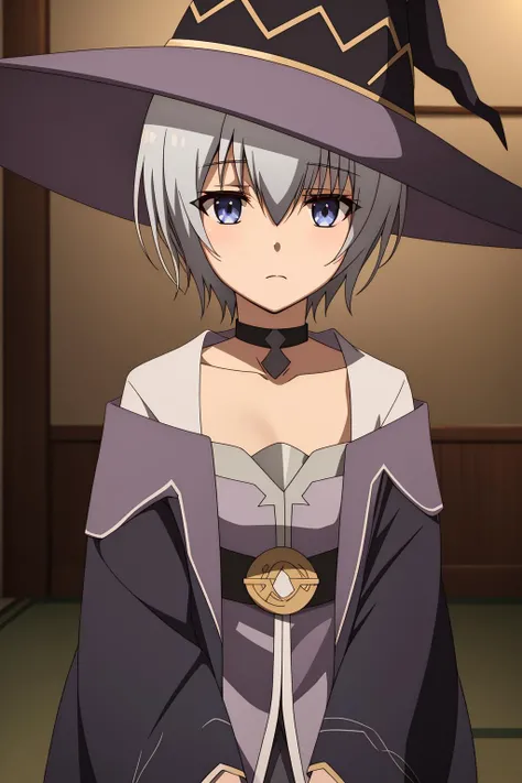 miyabi, 1girl, solo, looking_at_viewer, short_hair, bangs, blue_eyes, hat, hair_between_eyes, collarbone, upper_body, grey_hair, choker, indoors, black_headwear, witch_hat, frown