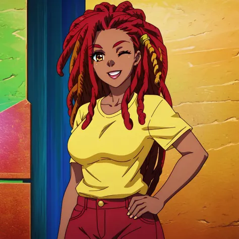<lora:Black Summoner - [Girlpack] - Version 1:0.8> <lora:colorify:2> dark-skinned_female, black woman, 1girl, solo, adult woman, auntie, age-up, medium breasts, looking_at_viewer, laughing, eyes_closed, thin eyebrows, lips, wide_hips, red_hair, chubby, dark_skin, tight_shirt, yellow_shirt, fitted_clothing, brown_eyes, standing, pants, dreadlocs, (hairstyle: dreadlocs), natural_face, bare_face, no_makeup, highres, high_resoluation, 8k, masterpiece, HD, High_Definition,