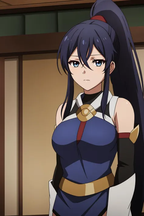 setsuna, 1girl, solo, long_hair, breasts, looking_at_viewer, bangs, blue_eyes, black_hair, hair_between_eyes, bare_shoulders, medium_breasts, closed_mouth, blue_hair, ponytail, detached_sleeves, sleeveless, parody, high_ponytail, indoor