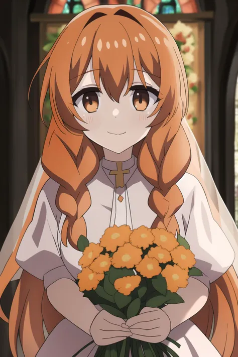 ange, breasts, medium_breasts, 1girl, solo, long_hair, looking_at_viewer, bangs, hair_between_eyes, brown_eyes, braid, orange_hair, hair_over_shoulder, wedding_dress, church, holding_flowers, white_dress