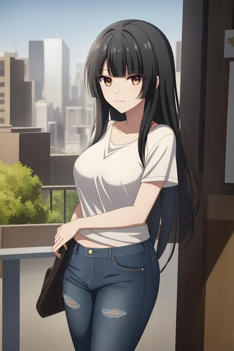 A woman with very long black hair and (very long bangs:1.5), wearing a stylish jacket and tight jeans, standing. The artwork is inspired by manga and incorporates a doujin style. The woman appears to be (wetting herself:1.5), which causes her to feel embarrassed and humiliated, resulting in a blush on her face. In addition, there is an air of anger in her expression. The lighting in the scene is moody, with a spotlight highlighting the woman's figure. She is crossing her arms, (arms crossed:1.5), fully showcasing her jeans., large breasts