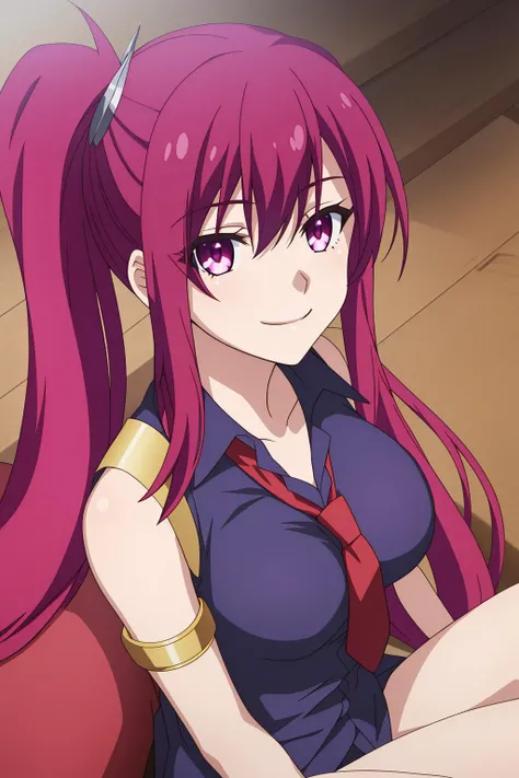 sera, 1girl, solo, long_hair, breasts, smile, red_eyes, medium_breasts, sitting, purple_eyes, ponytail, red_hair, necktie, sleeveless, pink_eyes, side_ponytail, armlet