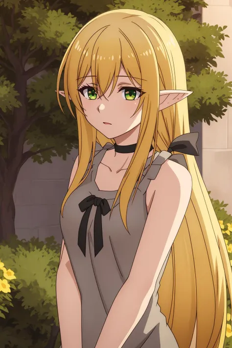 efil, 1girl, solo, long_hair, breasts, looking_at_viewer, bangs, blonde_hair, dress, hair_between_eyes, bare_shoulders, very_long_hair, green_eyes, collarbone, upper_body, flower, outdoors, sleeveless, choker, pointy_ears, white_dress, tree, black_choker, elf, grey_shirt, bush, grey_dress