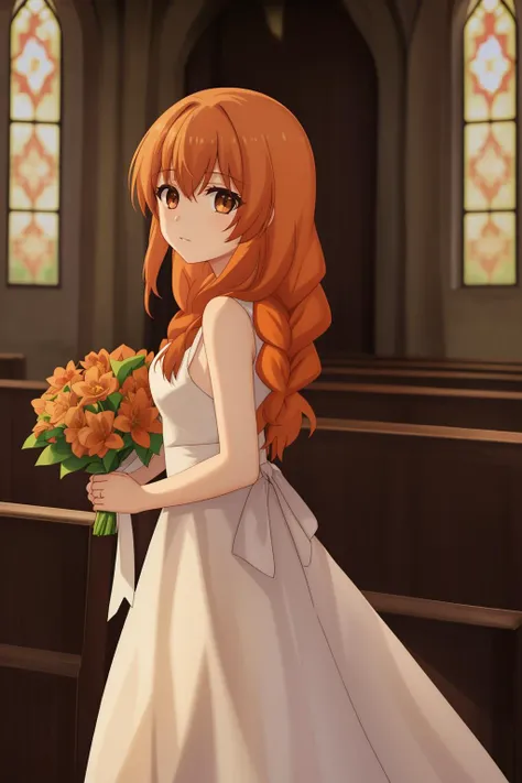 ange, 1girl, solo, long_hair, looking_at_viewer, bangs, hair_between_eyes, brown_eyes, braid, orange_hair, hair_over_shoulder, wedding_dress, church, holding_flowers, white_dress