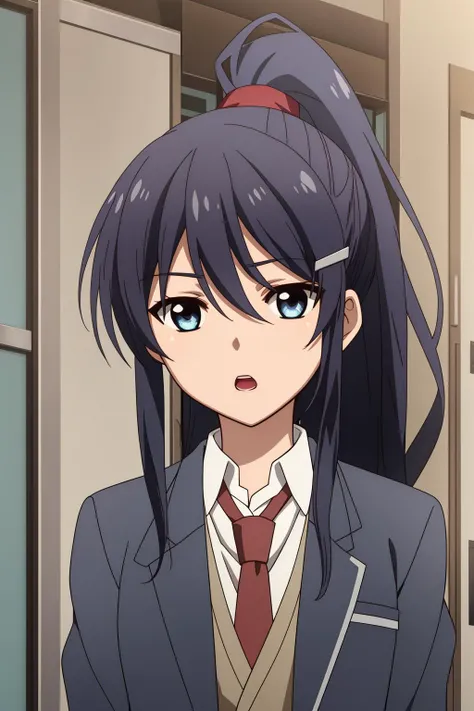 setsuna, 1girl, solo, long_hair, looking_at_viewer, open_mouth, blue_eyes, shirt, black_hair, hair_ornament, school_uniform, blue_hair, jacket, upper_body, ponytail, necktie, hairclip, blazer