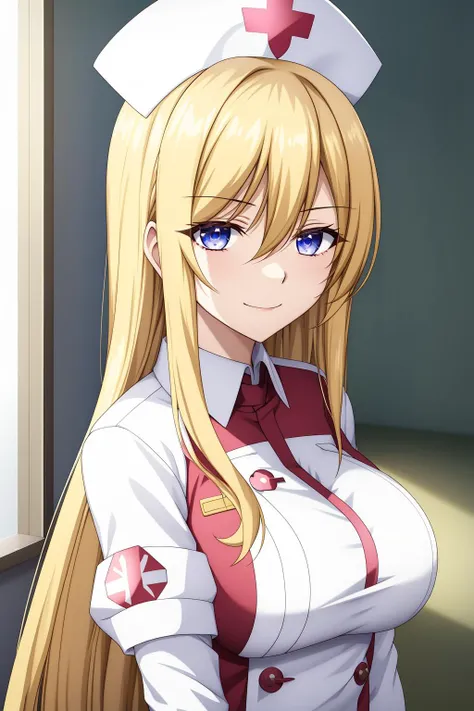 ohtsuki yui, blonde hair, blur eyes, Nurse, ((White nurse cap, White nurse uniform)), ((White legwear, zettai ryouiki)), White Gloves, Show your teeth and smile, Standing, ((Hospital room)), sharp outline, Short sleeves, Best Quality, masutepiece