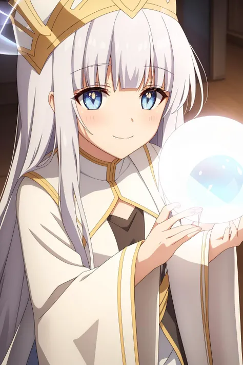 colette, 1girl, solo, long_hair, looking_at_viewer, blush, smile, bangs, blue_eyes, long_sleeves, hat, dress, holding, very_long_hair, closed_mouth, upper_body, white_hair, grey_hair, sidelocks, wide_sleeves, blunt_bangs, white_dress, glowing, white_headwear, crown, light_smile, robe, magic, light, orb, crystal_ball