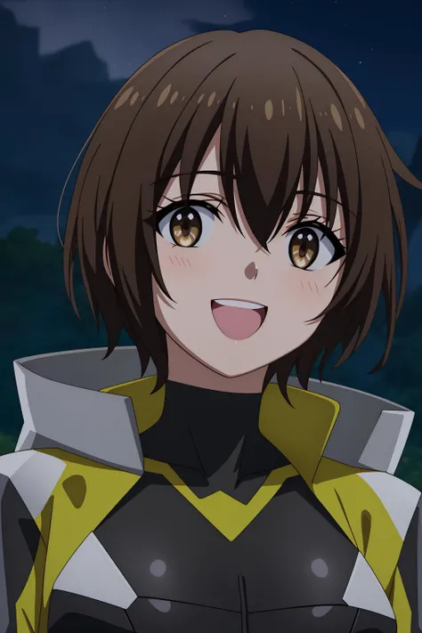 rion, 1girl, solo, looking_at_viewer, blush, smile, short_hair, open_mouth, bangs, brown_hair, hair_between_eyes, brown_eyes, jacket, upper_body, :d, outdoors, sky, teeth, blurry, bodysuit, night, turtleneck, upper_teeth_only, portrait, black_bodysuit, yellow_jacket