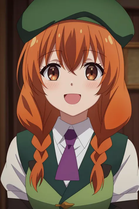 ange, 1girl, solo, long_hair, looking_at_viewer, blush, smile, open_mouth, bangs, brown_hair, shirt, hat, hair_between_eyes, brown_eyes, school_uniform, white_shirt, upper_body, braid, :d, necktie, shiny, collared_shirt, indoors, hand_up, orange_hair, blurry, vest, shiny_hair, twin_braids, blurry_background, beret, parody, portrait, bridal_gauntlets, green_headwear, green_vest, purple_necktie, anime_coloring