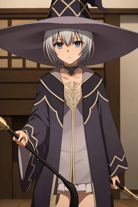 miyabi, 1girl, solo, looking_at_viewer, short_hair, bangs, blue_eyes, long_sleeves, hat, holding, hair_between_eyes, closed_mouth, collarbone, upper_body, grey_hair, choker, indoors, wide_sleeves, blurry, collar, coat, black_headwear, witch_hat, expressionless, staff, robe, holding_staff, witch