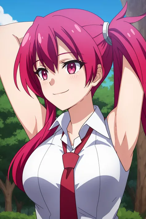 (masterpiece, best quality:1.4), 1girl, solo, red hair, red eyes, large breasts, school uniform, pleated skirt, midriff, navel, standing, park, trees, outdoors, daytime, blue sky, ((dxd style))