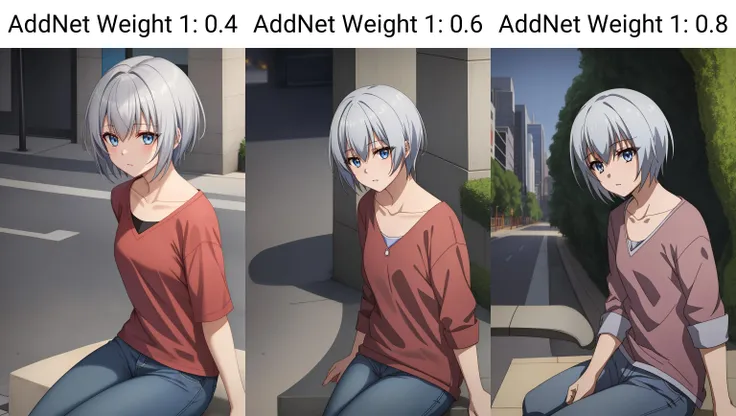 miyabi, 1girl, solo, short_hair, bangs, blue_eyes, collarbone, grey_hair, sitting, blue_jeans, (red_shirt), city, outdoor, street