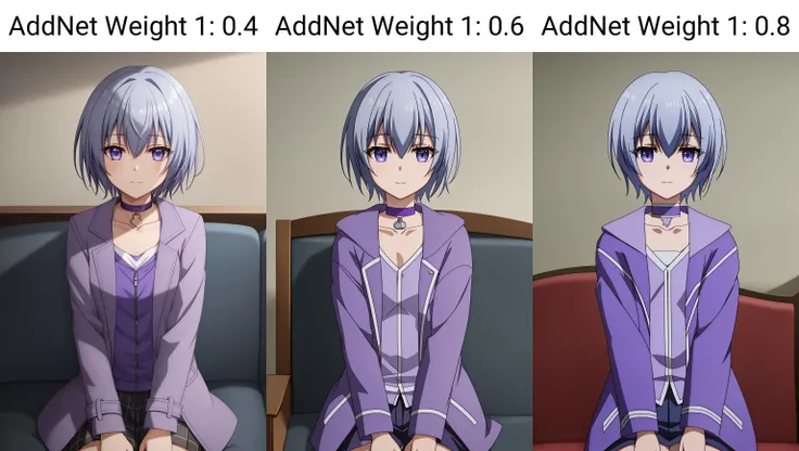 miyabi, 1girl, solo, looking_at_viewer, short_hair, blue_eyes, shirt, sitting, closed_mouth, blue_hair, collarbone, jacket, grey_hair, choker, collar, coat, couch, v_arms, purple_shirt, purple_jacket