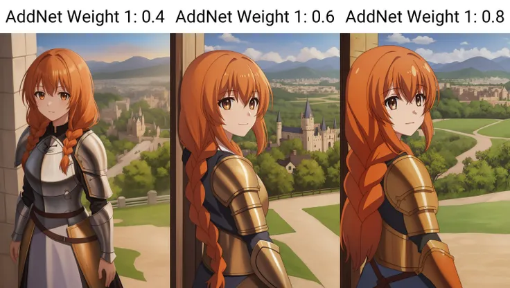 ange, 1girl, solo, long_hair, looking_at_viewer, bangs, hair_between_eyes, brown_eyes, braid, orange_hair, hair_over_shoulder, knight, armor, outdoor, castle, hill, knight_armor