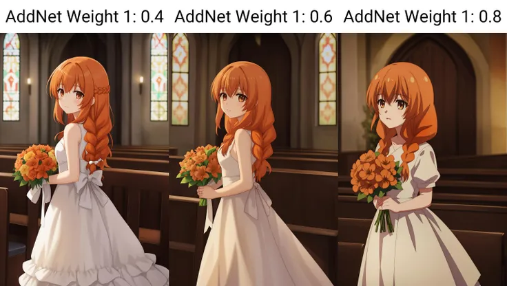 ange, 1girl, solo, long_hair, looking_at_viewer, bangs, hair_between_eyes, brown_eyes, braid, orange_hair, hair_over_shoulder, wedding_dress, church, holding_flowers, white_dress