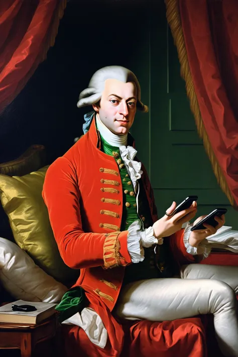 John Singleton Copley Style - Wolfgang Amadeus Mozart with airpods from Apple with an iphone on one hand, listening to a music, lying on his bed, in the the style of the painter Jacques-Louis David