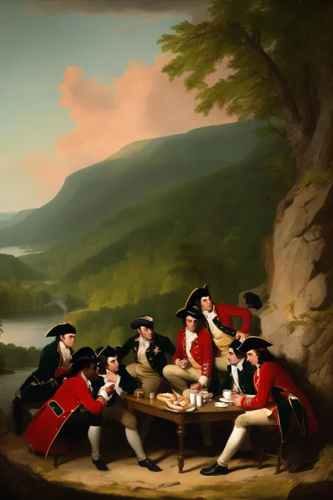 John Singleton Copley Style - a John Trumbull painting of the morning after of the Green Mountain Boys capture of Fort Ticonderoga, where they are relaxing with coffee and donuts from Dunkin