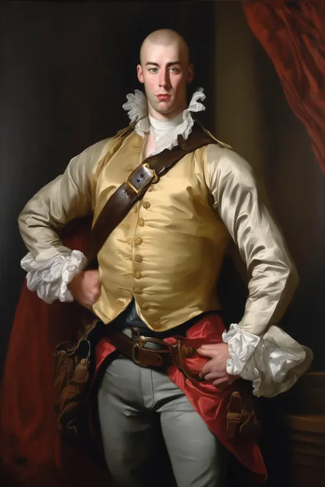 John Singleton Copley Style - British, 20 years old, man, nobility, gentleman, hunter. Lively, entusiastic, filled with vitality. Thin, light, athletic. Dressed in hunting garb. 18th century. Looking straight forward. Oil painting.