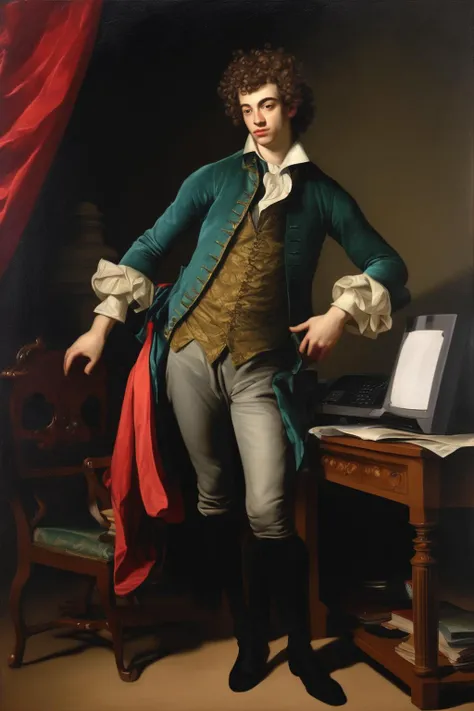 John Singleton Copley Style - full body portrait of a young man with curly hair at his computer