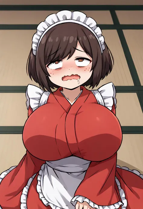 score_9, score_8_up, BREAK
open mouth, blush, looking at viewer, upper body,
1girl, tildevtuber, dark brown hair, freckles, bob cut, short hair, swept bangs, huge breasts, brown eyes, cowboy shot,
thighhighs, long sleeves, frills, wide sleeves, kimono, apron, white thighhighs, sleeves past wrists, maid headdress, frilled skirt, frilled sleeves, waist apron, white apron, frilled apron, red kimono, over-kneehighs, nervous, shy,
bocchianxiety, open mouth, wavy mouth, mouth drool, rolling eyes, on floor
<lora:TildeLora:0.5> <lora:meme_bocchianxiety_ponyXL:1>