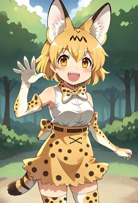 score_9, score_7_up, hd, (ultra hd quality details), outdoors,
solo, 1girl, servalkemono,
print legwear, print gloves, print bowtie, tail, sleeveless shirt, high-waist skirt, serval print,
looking at viewer, open mouth, smile, teeth,
standing,
<lora:_colonel_aki_style-elesico:1> <lora:ServalPony:0.55>