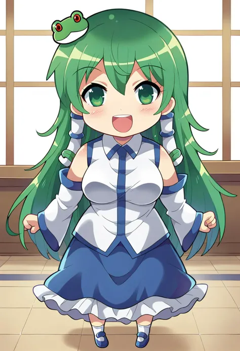 score_7_up, hd, (ultra hd quality details), indoors,
(masterpiece, best quality), fcDetailPortrait, solo, 1girl, kochiya sanae, green hair, long hair, green eyes, medium breasts,
frog hair ornament, hair tubes, snake hair ornament, collared shirt, white shirt, detached sleeves, wide sleeves, blue skirt, frilled skirt,
looking at viewer, smile, open mouth,
standing, chibi,
<lora:sanaekochiyaPony_na0:0.9> <lora:_colonel_aki_style-elesico:1>