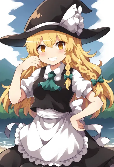 score_9, score_7_up, hd, (ultra hd quality details), outdoors, day,
solo, 1girl, kirisame_marisa, touhou, witch_hat, single_braid, white_shirt, black_vest, black_hat, white_bow, hat_bow, hair_bow, white_apron, black_skirt, waist_apron, puffy_short_sleeves
looking at viewer, smile, teeth,
standing, hand on hip,
 <lora:_colonel_aki_style-elesico:1.1> <lora:Touhou_pony:1>