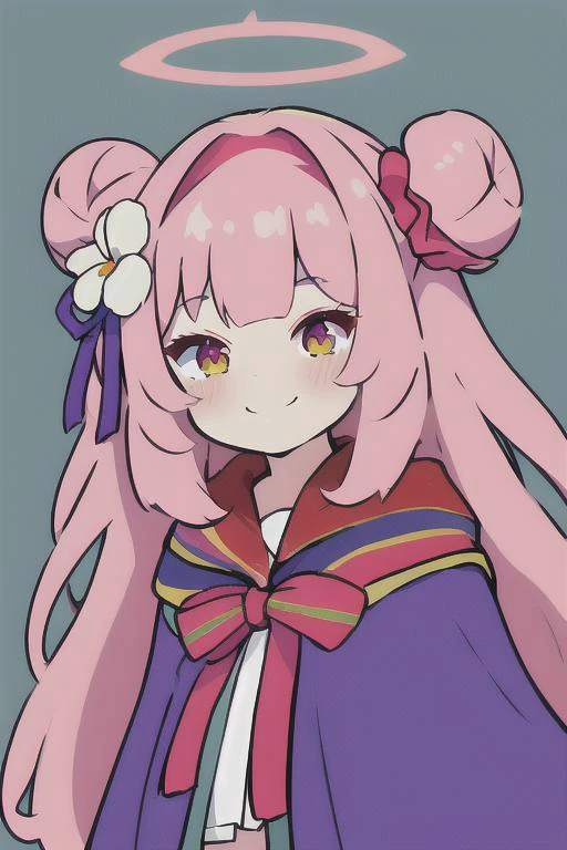 <lora:ChibifyV1:1>, chibi, (best quality, masterpiece), 1girl, blue_bow, blunt_bangs, bow, capelet, flower, hair_bun, hair_flower, hair_ornament, hair_scrunchie, halo, long_hair, looking_at_viewer, one_side_up, pink_hair, scrunchie, sidelocks, simple_background, single_side_bun, smile, solo, two-tone_background,