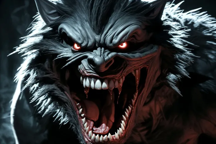horrible monster, growling at the viewer, (drool dripping from the teeth:1.2)  <lora:[LoRA][Horror]s4w3d0ffBlend_v10:0.8>  kkw-horror <lora:werewolf_v0.2:0.8> werewolf